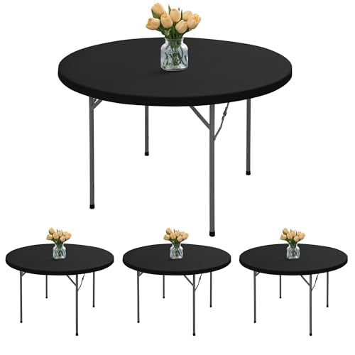 Round Fitted Tablecloth with Elastic - 4 Pack Round Table Covers 60 Inch, Black Non-Slip Circle Table Protector for Outdoor Picnic, Indoor Dining, Party, Banquet - color: Black, size: 60 Round, 4 Pack
