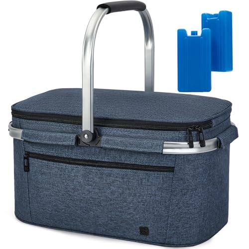 ALLCAMP Picnic Basket - 2 Ice Box Included 32L Insulated Cooler, Thickening Foldable Picnic Basket with Removable Baskets & Sewn-in Frame, Basket for House Warming Gifts New Home(Blue) - color: Blue, size: Large