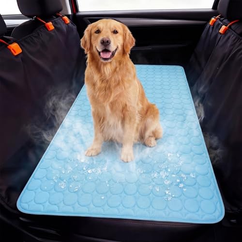 Hahafelt 54"x24.8" Dog Cooling Mat for Car Back Seat, Ice Silk Pet Bed Mat, Non Slip Summer Cooling Pad for Dogs and Cats, Fits Backseat Extenders Protector, Trucks, Suvs, Indoor & Outdoor (Sky Blue) - color: Sky Blue