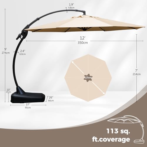 Grand patio 12 FT Sunbrella Cantilever Umbrella with Base Outdoor Aluminum Offset Umbrella with Tilt Adjustment (Flax, 12 FT-SUNBRELLA) - color: Flax-SUNBRELLA, size: 12 FT
