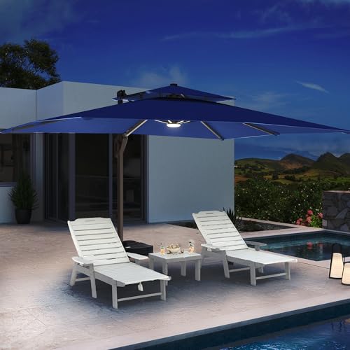 10 X 13 FT Cantilever Patio Umbrella with LED Lights Outdoor Heavy Duty Double Top Windproof Rectangle Offset Umbrellas with 360-degree Rotation for Pool Deck Backyard, Navy - color: Navy, size: 10' X13'-Weighted Base Not Included