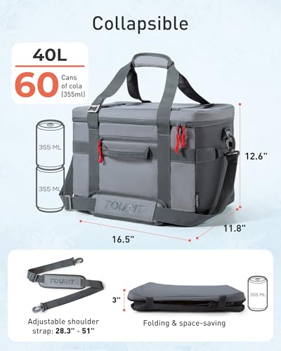 TOURIT Soft Sided Cooler Bag Insulated 30/48/60 Cans, Large Collapsible & Leakproof Ice Chest for Picnic, Beach, Camping, Travel - color: Grey, size: 60Can 40L