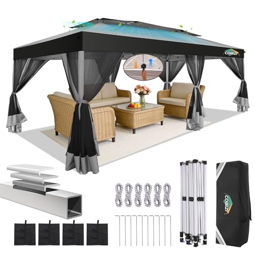 COBIZI 10x20 Pop up Gazebo, One-Push Setup Canopy Tent with Mosquito Netting & Vented Roof Design, Upgrade Metal Easy up Canopy Carpa Outdoor Gazebos for Backyard Camping Deck Party(Light Gray & Gray) - color: Light Gray & Gray, size: 10x20 FT Upgraded