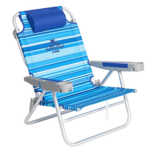 SUNNYFEEL Extra Wide 28" Low Beach Chair 5 Position Lay Flat, XL Oversized Portable Folding Camping Chairs with Cup Holder for Outdoor/Trip, Lightweight Foldable Backpack Beach Chair for Adults - color: Lightblue Stripe, size: 1-PACK