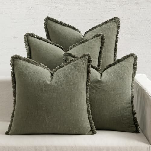 MIULEE Decorative Couch Pillow Covers Neutral Linen Fringe Throw Pillows Set of 4 Boho Farmhouse Cushions Soft Accent Pillowcases for Bed Couch Sofa Living Room Spring Decor 18x18 Inch Olive Green - color: Olive Green, size: 18" x 18" (Pack of 4)