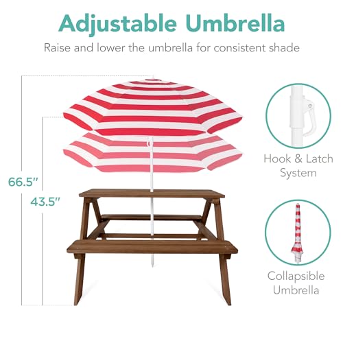 Best Choice Products Wooden Kids Picnic Table with Umbrella, Outdoor Activity Table Set with Built-in Benches, 220 lb Capacity per Bench - Walnut/Red - color: Walnut/Red