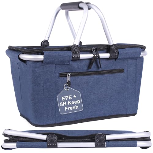 Picnic Basket, SIYUAN Collapsible Shopping Basket with Lid 27L Large Market Basket with Handles Reusable Folding Grocery Basket Insulated Cooler Bag for Picnic Travel, Blue - color: Blue