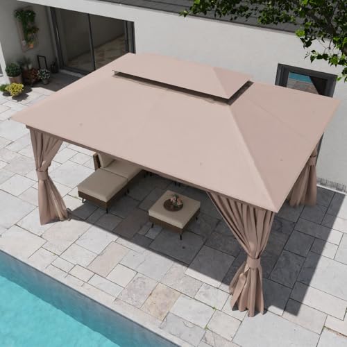 LAUSAINT HOME 10'x13' Outdoor Gazebo, Upgraded Metal Frame Heavy Duty Patio Canopy Tent Shelter with Double Roofs, Mosquito Nettings and Privacy Screens for Backyard, Garden, Lawn, Khaki - color: Khaki, size: 10'x13'