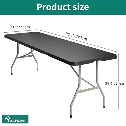 YITAHOME 8FT Folding Tables, Heavy Duty Folding Table with Carrying Handle, Plastic Fold up Table for Outdoor Camping Picnic Parties/Indoor Events, Black - color: Black