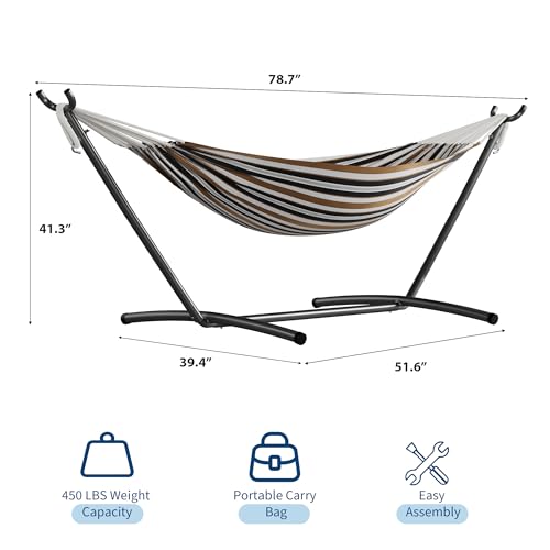 GarveeLife Double 2 Person Hammock, Indoor Outdoor Standing Hammock with Space Saving Steel Stand, Carry Bag, 450 LBS Weight Capacity, Suitable for Garden Camping Beach, Coffee - color: Coffee