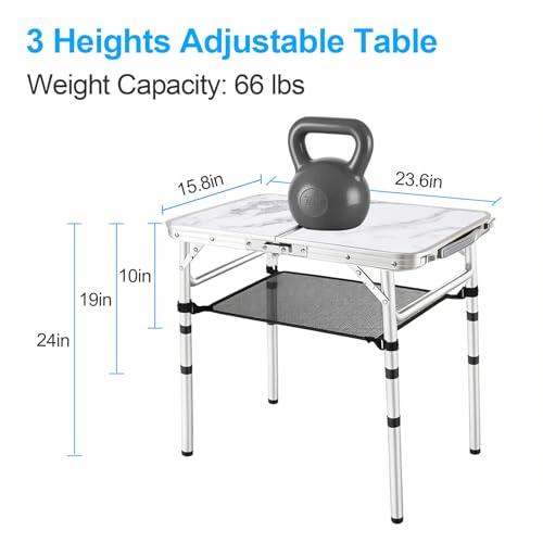YUFIFAIRY Small Folding Camping Table, 2ft Portable Table with 3 Adjustable Heights, Aluminum Lightweight Foldable Picnic Table with Mesh Layer and Extension Legs for RV, BBQ and Indoor - color: White Marble Top & Silver Frame
