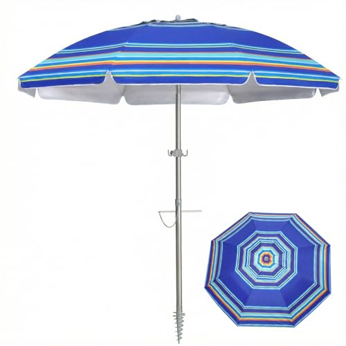 PASAMIC 7ft Beach Umbrella for Sand with Sand Anchor & Tilt, UPF 50+ Protection Beach Umbrellas for Heavy Duty Wind Portable with Carry Bag and Hook, for Patio Pool, Dark Blue Stripes（Random pattern） - color: Dark Blue Stripes, size: 7FT