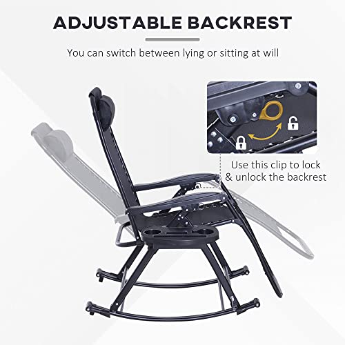 Outsunny Outdoor Rocking Chairs, Foldable Reclining Zero Gravity Lounge Rocker with Pillow, Cup & Phone Holder, Combo Design with Folding Legs, Black - color: Black, size: 1 Pack