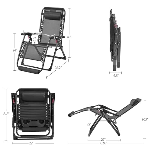 Yaheetech 29" Zero Gravity Chair Folding Reclining Lounge Recliner with Removable Pad & Headrest & Side Cup Holder Tray for Indoor and Outdoor Dark Gray/1 - color: Dark Gray, size: 29"