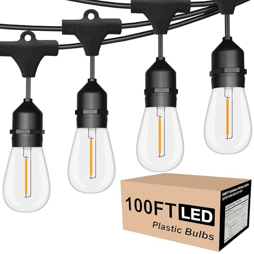 Outdoor String Lights LED 100FT Commercial Grade Heavy Duty Light String Lights with 30 Sockets 32 Shatterproof Plastic Bulbs Include 2 Spare S14 Dimmable Edison Bulbs Patio Market Cafe Light - color: Black, size: 100FT S14