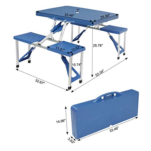 Folding Picnic Table with Umbrella Hole,Aluminum Suitcase Portable Outdoor Table with 4 Seats,for Patio,Porch or Camping Table and Chair Set (Blue)