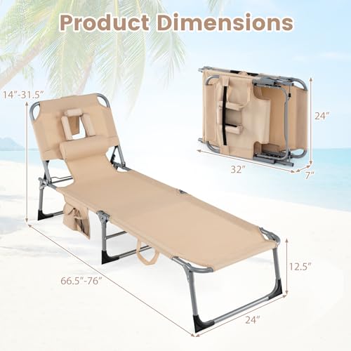 COSTWAY Tanning Chair with Face Hole, Folding Beach Lounge Chair with 4-Position Adjustable Backrest, Pillow & Side Pocket, Foldable Chaise Lounge Chair Outdoor for Sunbathing, Camping (1, Beige) - color: Beige