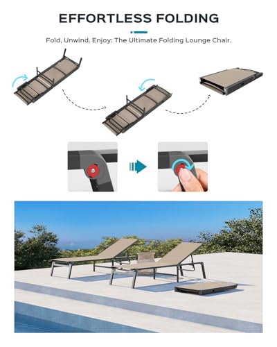 Aluminum Chaise Lounge Ourdoor - Foldable & Assemble Free Outdoor Lounge Chair with 5 Adjustable Backrest, Patio Lounge Chair for Outside Poolside Beach Pool, Khaki - color: Khaki, size: 1 Pack