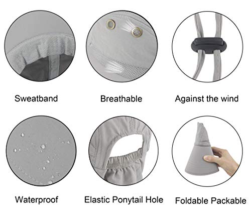 Muryobao Women's Sun Hat Outdoor UV Protection Foldable Mesh Hat Wide Brim Summer Beach Fishing Cap with Neck Flap - color: Light Grey