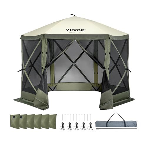 VEVOR Pop Up Gazebo Screen Tent 6 Sided Canopy Sun Shelter with 6 Removable Privacy Wind Cloths & Mesh Windows, 10x10FT Quick Set Screen Tent with Mosquito Netting, Army Green - color: Army Green, size: 10x10ft