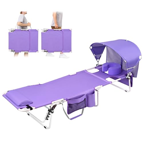 Tanning Chair with Sun Canopy Face Hole Softer Padded Adjustable Washable, Heavy Duty Layout Folding Lounge Chair for Adults Outside Beach Reading Sunbathing Poolside Lawn, UPF 50+ Sun Shade, 300 LBS - color: Purple, size: Standard Size