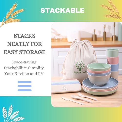 ECOSTAR Wheat Straw Dinnerware Sets Unbreakable Plates Bowls and Cups Reusable Utensils Dishwasher Microwave Safe Bowls and Plates Sets (Classic) - color: Classic