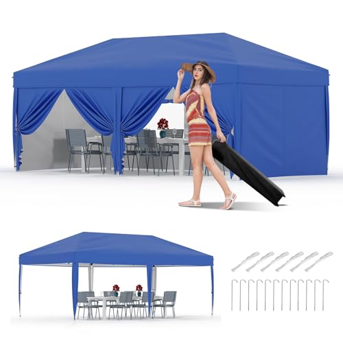10X20 Pop Up Canopy Tent with 6 Sidewalls – Heavy Duty Commercial Instant Shelter, One-Person Quick Setup Outdoor Party Tent, Water-Resistant & Portable, Blue - color: Blue