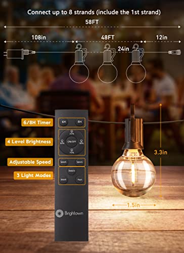 Brightown Outdoor String Lights, 58FT 25 Shatterproof LED Bulbs with Remote and Zip Ties, Waterproof Dimmable Patio Hanging Lamps for Porch, Balcony, Bistro, Cafe, Deck, Backyard - size: 58FT - 25 Bulbs