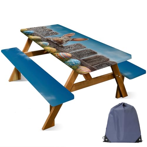 ANNA QUEEN Easter Outdoor Scene 6FT Picnic Table Cover with Bench Covers Set of 3 with Drawstring Bag, Bunny Fence Easter Eggs 72"x30" Waterproof Picnic Tablecloth & Bench Covers - color: #61