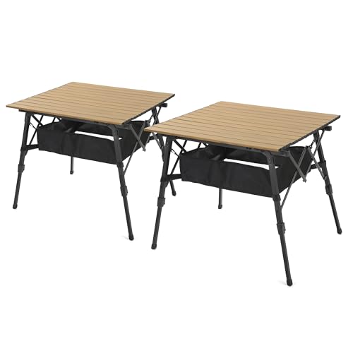 ARROWHEAD OUTDOOR 2-Pack 39" Aluminum Folding Camp Roll Up Table w/Adjustable Height, Undertable Mesh Storage, Carry Bag - color: Wood Grain 2pack