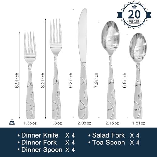 HIKAA 20PCS Silverware Set Service for 4,Premium Stainless Steel Cutlery Set, Mirror Polished Flatware Sets,Modern Kitchen Eating Utensils Set Include Spoons Forks Knives - size: Standard 20PCS