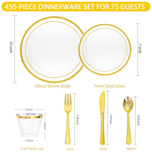 WELLIFE 450 PCS Gold Glitter Disposable Dinnerware Set for 75 Guests, Plastic Plates for Party, Including 75 Dinner & Salad Plates, Cups, Forks Knives Spoons for Wedding and Party Supplies - color: Gold Glitter, size: 75 Guests