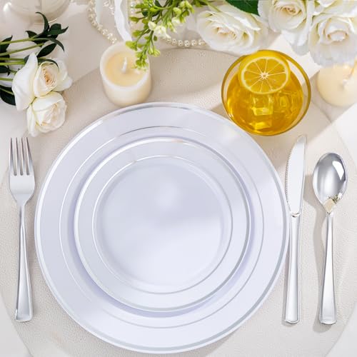150 PCS Silver Disposable Dinnerware Set for 25 Guests, Silver Plastic Plates for Party, Including 25 Dinner Plates, 25 Salad Plates, 25 Cups, 25 Forks Knives Spoons for Wedding and Party Supplies - color: Silver, size: 25 Guests