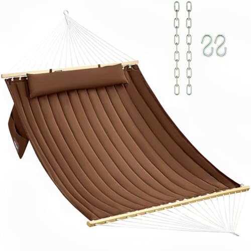 Double Quilted Fabric Hammock with Hardwood Spreader Bars and Pillow 450 LBS Capacity 2 Person Large Hammock for Outdoor Patio Backyard Poolside - Brown - color: Brown