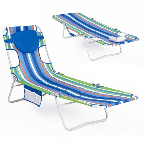 #WEJOY Folding Tanning Chair with Face Hole, 5 Positions Face Down Beach Lounge Chairs with Pillow for Outside Sunbathing Poolside (Blue/Green) - color: Readease-face Hole Blue/Green, style: ReadEase 5 Position Face Hole