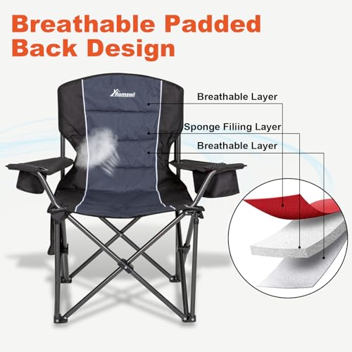 Romswi Oversized Camping Chairs,Heavy Duty Support 500 LBS,Padded Back & Arm Sport Chairs, Cup Holder Cooler Bag, Collapsible Folding Chairs for Outdoor, Fishing & Garden, Black,2-Pack - color: Black