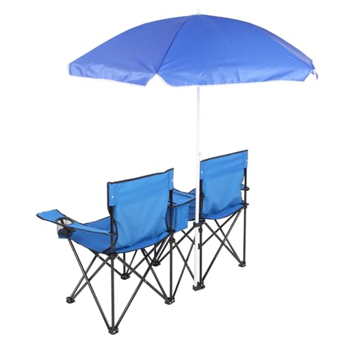 Double Folding Camping Chair W/Umbrella Fold Up Table Beverage Holder Carrying Bag Cooler for Patio Pool Park Outdoor Beach, Picnic, Portable (Blue) - color: Blue