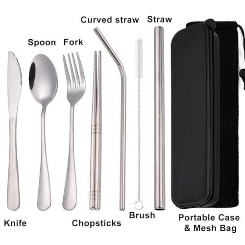 Travel Utensils with Case, Cutlery Set Portable Camp Reusable Flatware Silverware, 7 Pcs Stainless Steel Reusable Cutlery Set, Include Fork, Spoon, Knife, Chopsticks, 2 x Straws & Straw Cleaner Brush - color: Black