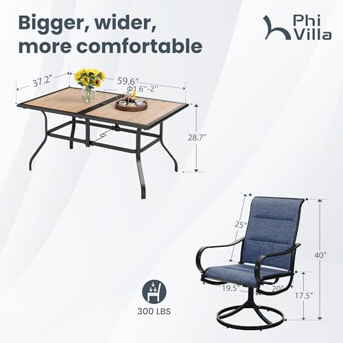 PHI VILLA 7 Piece Patio Dining Set, 6 Swivel Patio Chairs with Padded Textilene Fabric & Rectangular Dining Table (1.6" Umbrella Hole), All Weather Patio Chairs and Table Set for Deck Lawn (Blue) - color: Blue Padded Fabric, size: 59.6"L x 37.2"W x 28.7"H