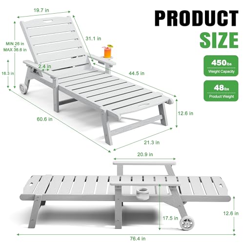 Outdoor Lounge Chair Set of 4 with 5-Position Adjustable, Outside Lounge Chair with Cup Holder, Wheels for Easy Mobility, HDPE Tanning Chair for Poolside, Patio, White - color: White, size: 4pc
