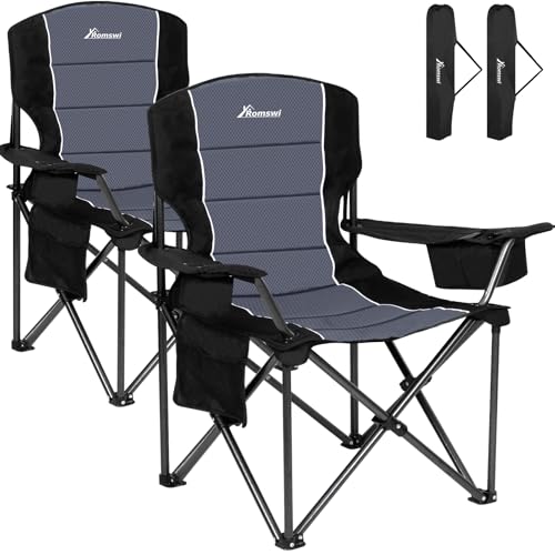 Romswi Oversized Camping Chairs,Heavy Duty Support 500 LBS,Padded Back & Arm Sport Chairs, Cup Holder Cooler Bag, Collapsible Folding Chairs for Outdoor, Fishing & Garden, Black,2-Pack - color: Black