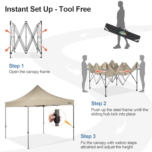 COBIZI 10x10 Pop Up Canopy Tent 10x10 Easy up Canopy, Heavy Duty Outdoor Canopy UPF 50+ All Weather Waterproof Instant Party Tents for Parties Gazebo with Handbag, Khaki(Windproof Upgraded) - color: Khaki, size: 10x10 Without Sidewalls