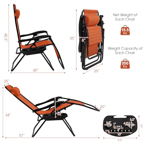 Goplus Zero Gravity Lounge Chairs, 160°Adjustable Folding Recliner w/Pillow and Cup Holder, 350LBS Comfy Outdoor Lounge Chairs for Patio, Lawn, Yard & Camp(1, Orange) - color: Orange, size: 35.4" x 25.2" x 43.3" (Set of 1)