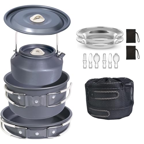 13-Piece Camping Cookware Set with Anti-Scald Silicone Handles, Lightweight Non-Stick Aluminum Pots and Pans, Compact Mess Kit for Backpacking & Survival