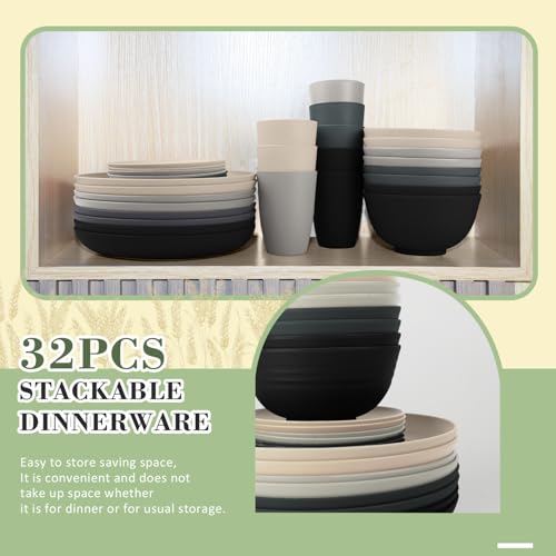 Wrova 32-Piece Wheat Straw Dinnerware Sets for 8, Dishwasher Safe Unbreakable Kitchen Bowls and Plates Sets with Cups, Alternative to Plastic Dish Sets for Camping, Dorm, R.V. Black & Grey - color: Black to Grey, size: 32 Pack