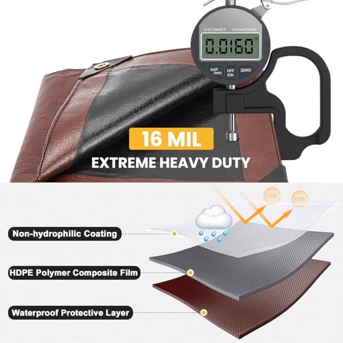 Winpull Tarp 10x12FT, Large 16 Mil Heavy Duty Tarps, Waterproof Tarp with Brass Grommets and Reinforced Edges, UV Resistant, Tear&Fade Resistant Poly Tarp for Outdoor Camping Pool Car Tent - color: Brown/Black-16mil, size: 10' x 12'