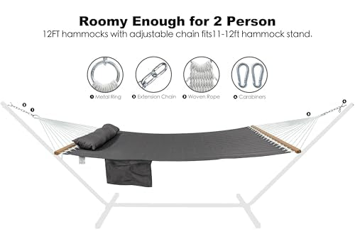 GAFETE Hammock 2 Person Quilted Fabric Hammocks for Outside, Double 12ft Hammocks with Spreader Bar, Large Removable Pillow, Storage Bag, Carabiners, Max 475 lbs Capacity (Dark Grey) - color: Dark Grey