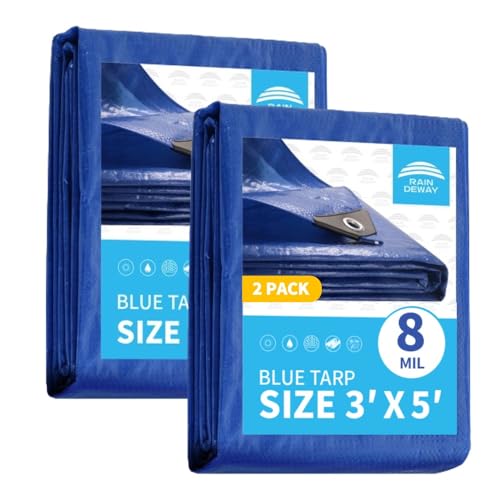 RAINDEWAY Small Tarps 3x5 Feet (2 Pack) 8 Mil, UV Resistant, Durable, Multipurpose Waterproof Poly Tarp Cover with Metal Grommets and Reinforced Edges,Blue Tarp - color: Blue, size: 3x5 Feet (2 Pcs)-Finished Size
