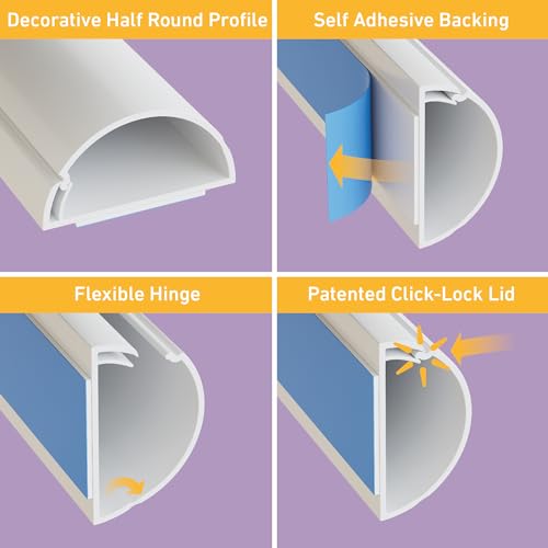 D-Line TV Wire Hider, Half Round Cord Cover for Wall Mount TV, Hinged One-Piece Raceway, Paintable, Self-Adhesive Cable Management - 2" (W) x 1" (H) x 18" Length - White - color: White