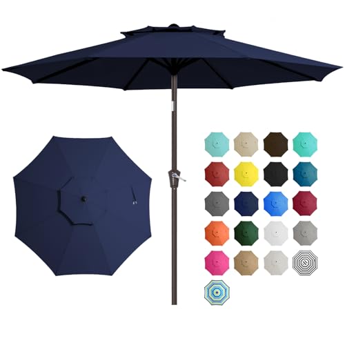 JEAREY 9 ft 2-Tiers Patio Umbrellas Outdoor Table Market Umbrella w/Push Button Tilt/Crank, 8 Sturdy Ribs, UV Protection Waterproof Sunproof(Navy Blue) - color: Navy Blue